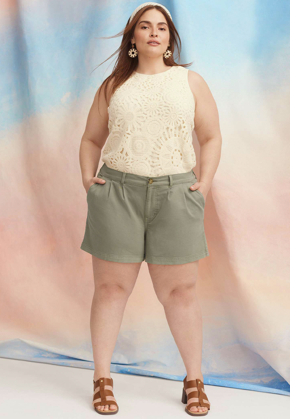 Plus Size Pleated Twill High Rise 4in Short, C425, large