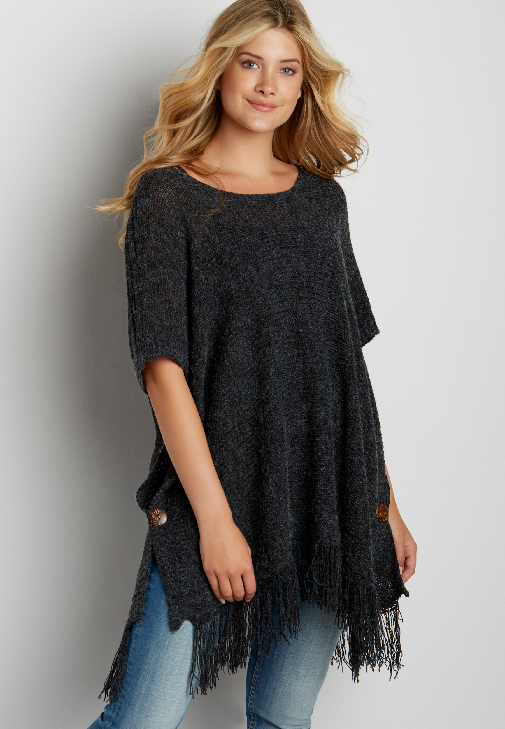 knit poncho with fringe and buttons | maurices