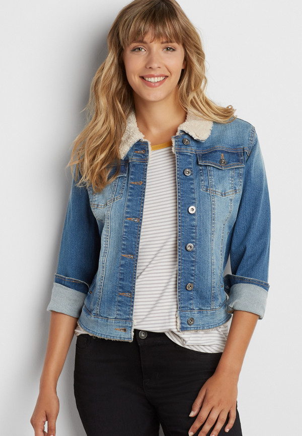 denim jacket with faux sherpa trim | maurices