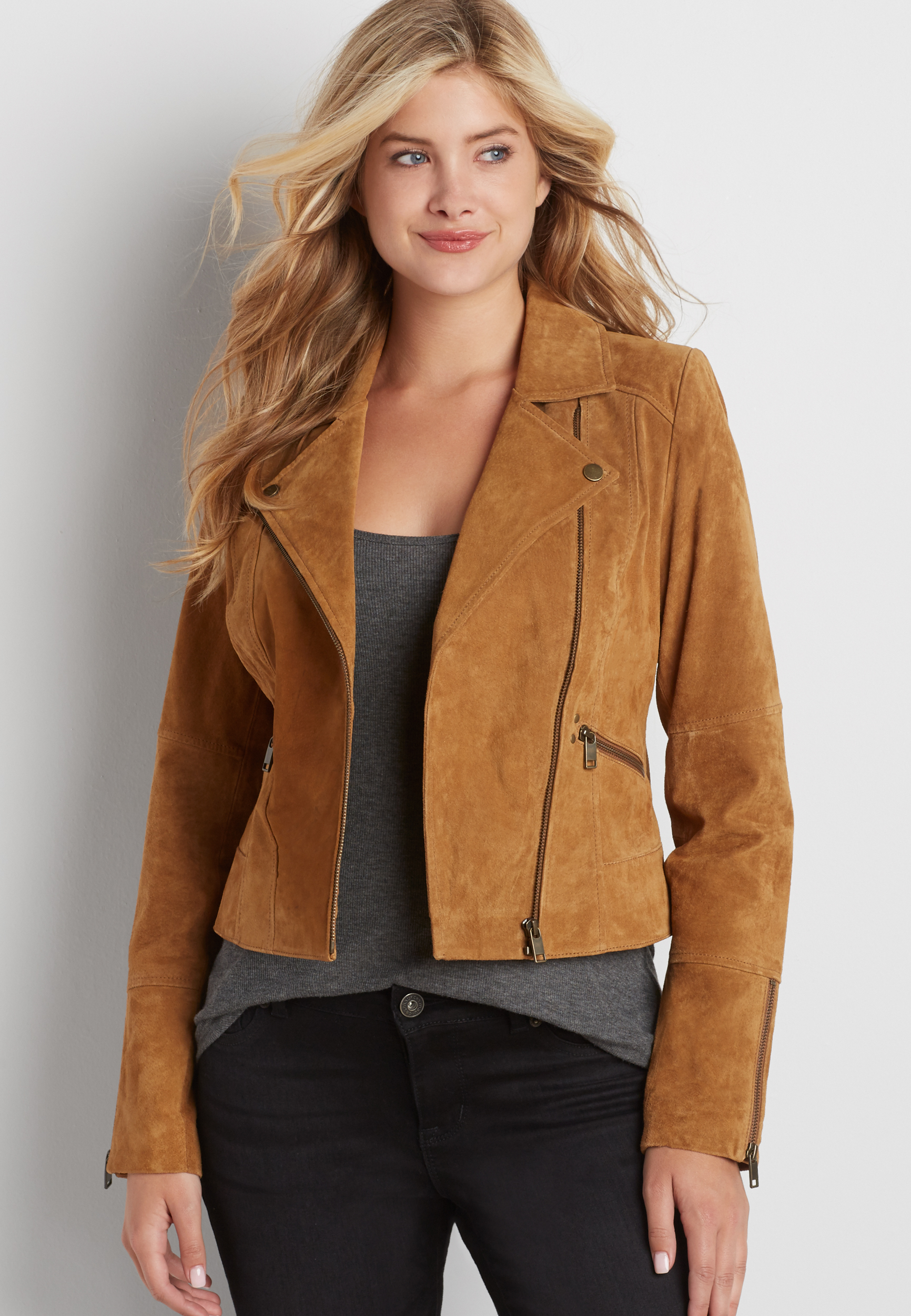 genuine suede moto jacket in tan | maurices