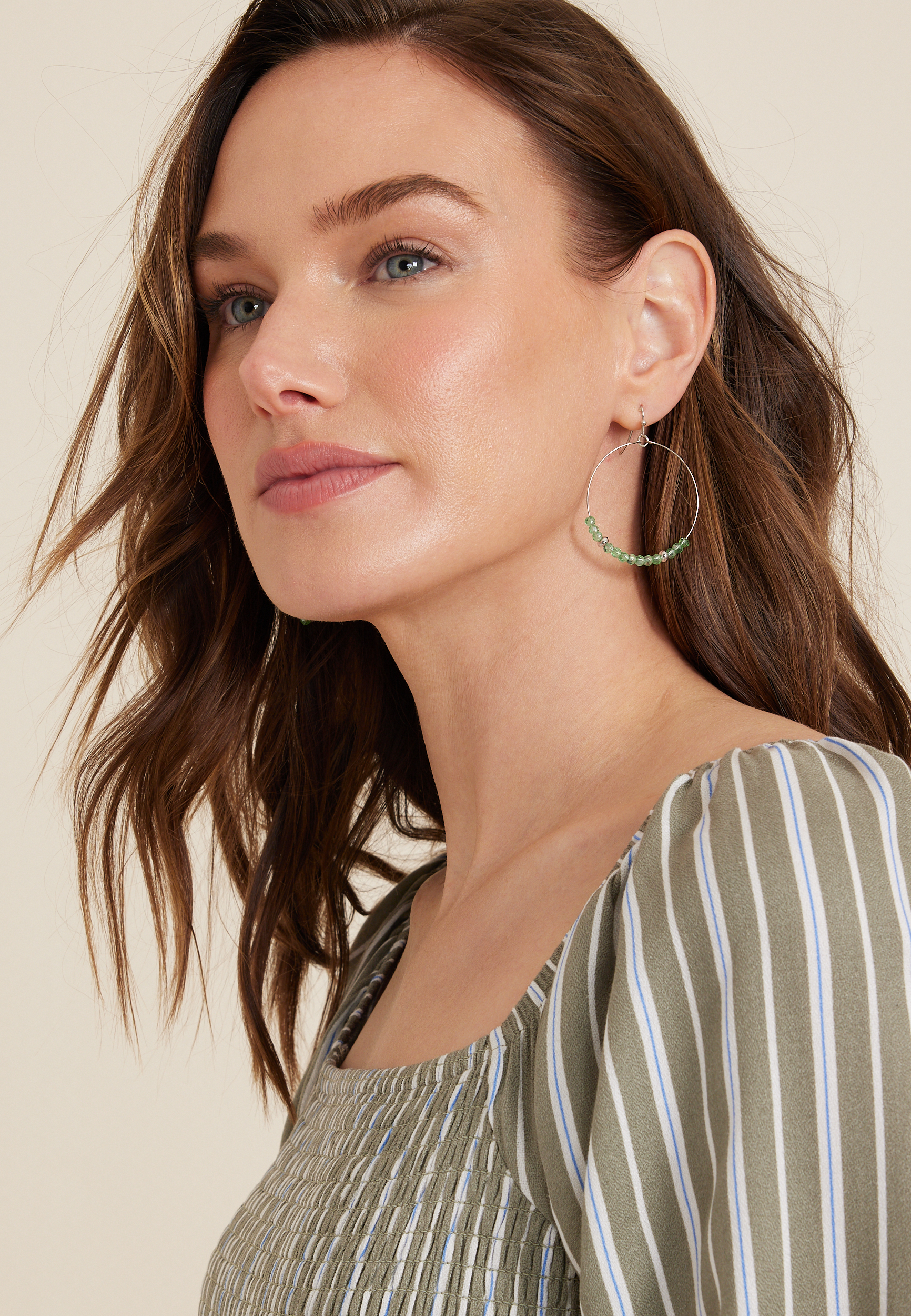 Beaded Hoop Earrings, GREEN, large