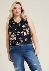 Plus Size 24/7 Morgan Floral V Neck Tank Top, BLACK COMBO, small