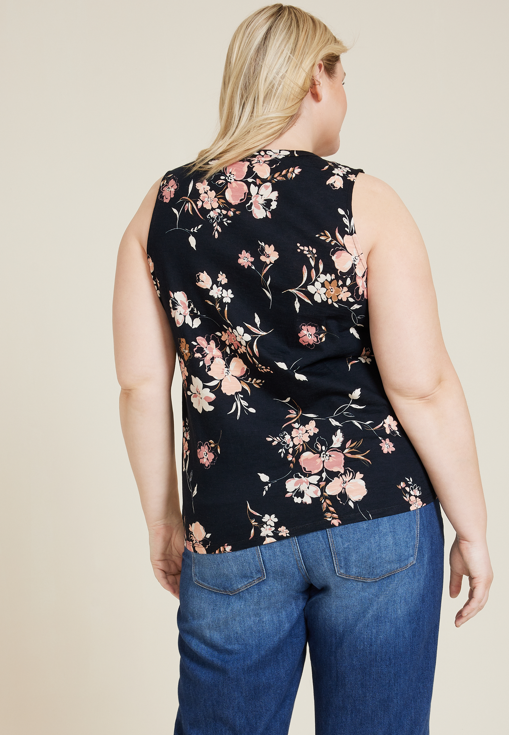 Plus Size 24/7 Morgan Floral V Neck Tank Top, BLACK COMBO, large
