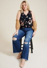Plus Size 24/7 Morgan Floral V Neck Tank Top, BLACK COMBO, small