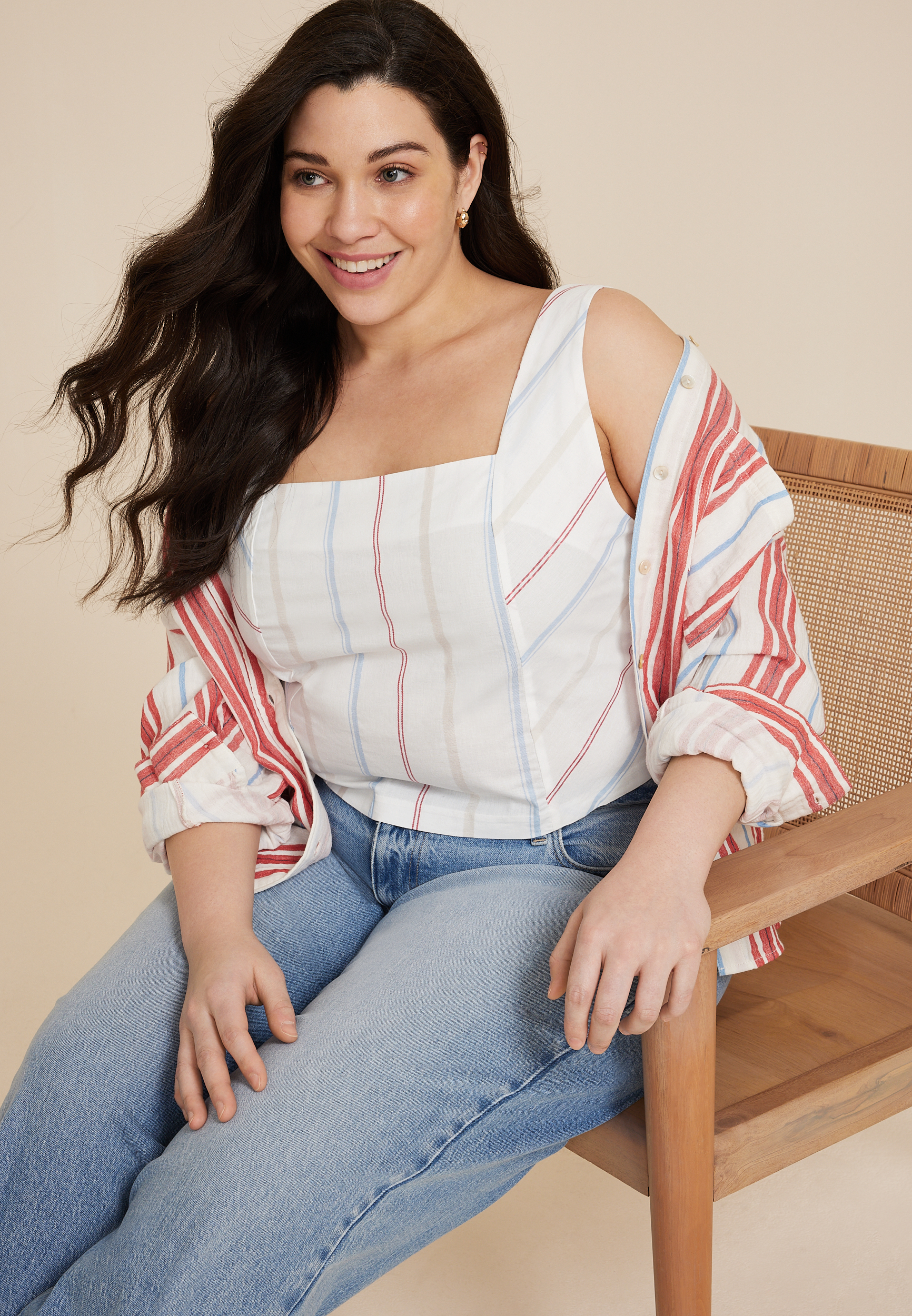 Plus Size Striped Cotton Poplin Corset Tank Top, SOFT WHITE COMBO, large