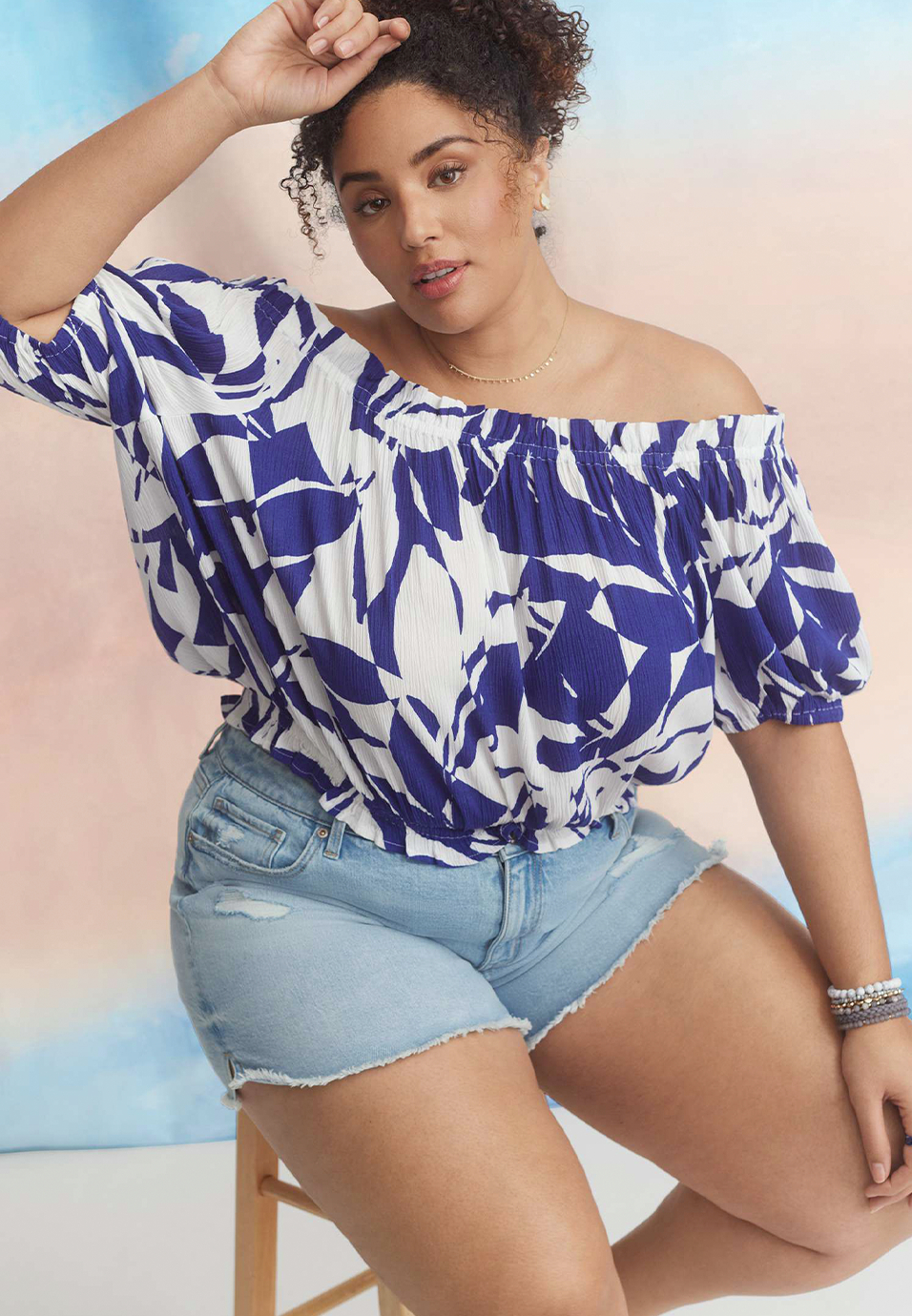 Plus Size Printed Off The Shoulder Blouse