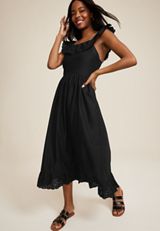 Eyelet Ruffle Trim Midi dress, BLACK, small