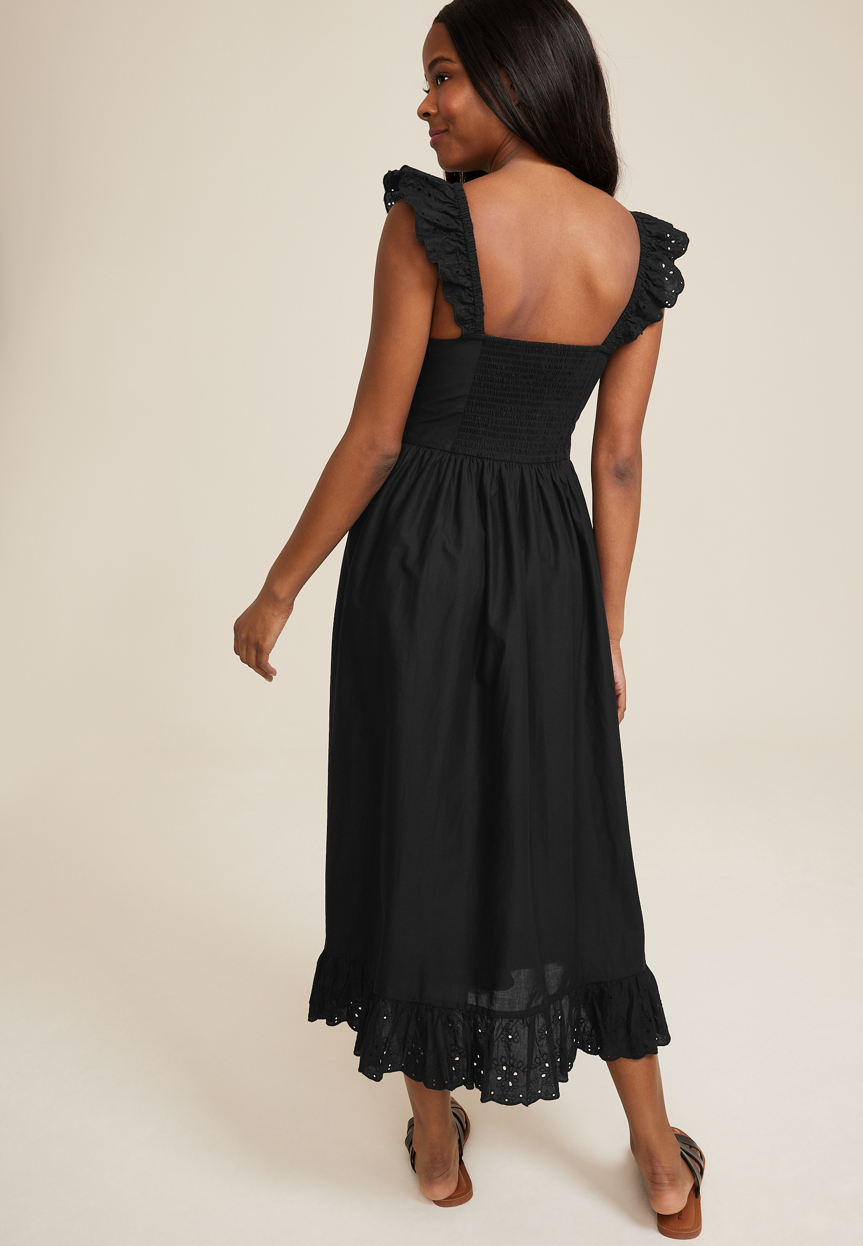 Eyelet Ruffle Trim Midi dress, BLACK, large