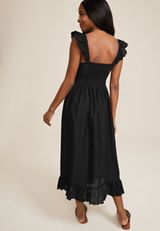 Eyelet Ruffle Trim Midi dress, BLACK, small
