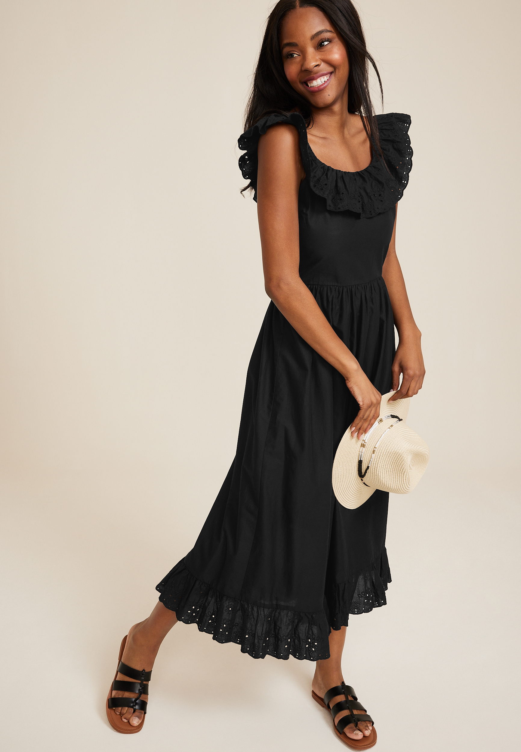 Eyelet Ruffle Trim Midi dress, BLACK, large