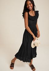 Eyelet Ruffle Trim Midi dress, BLACK, small