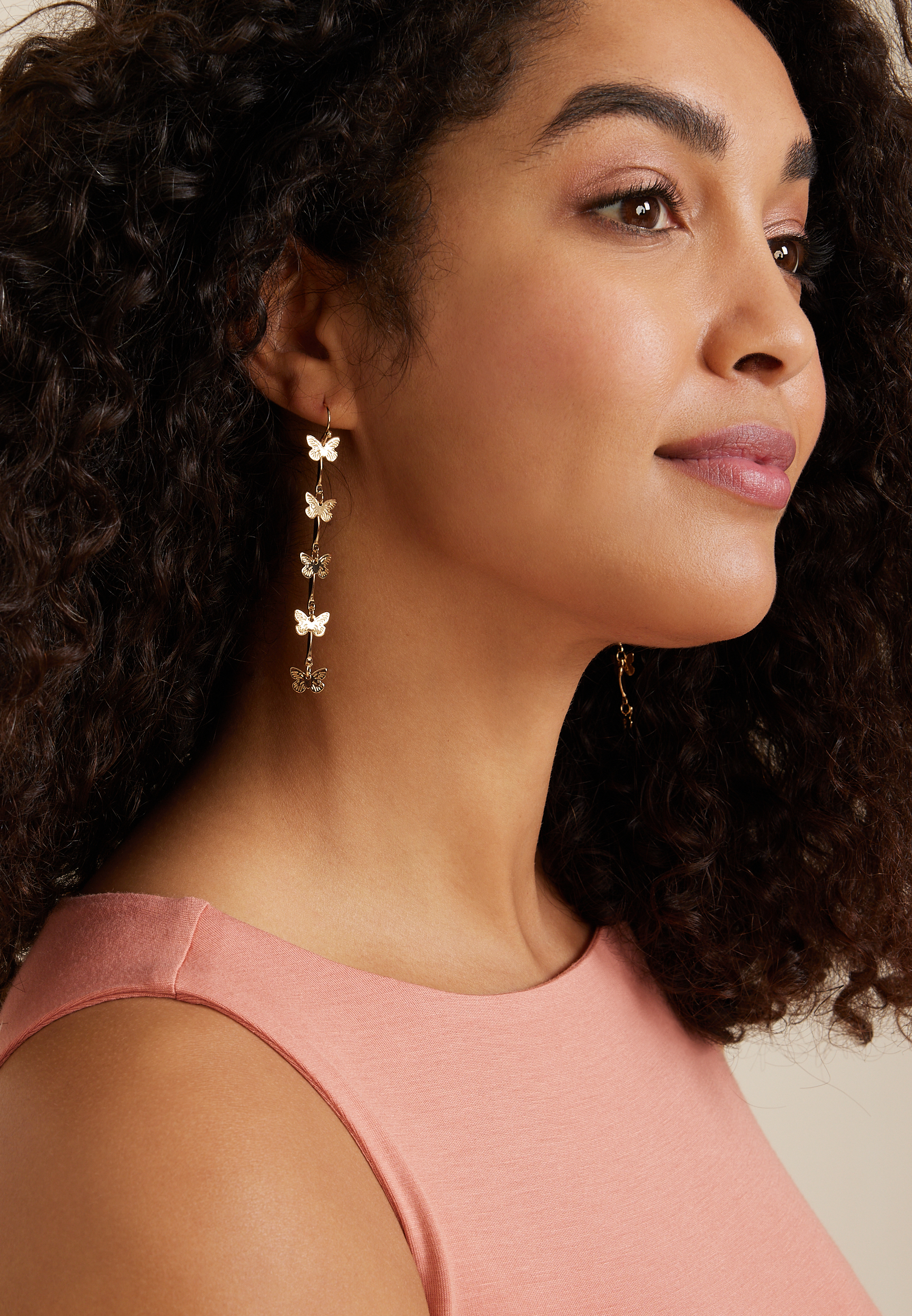 Gold Butterfly Drop Earrings, C605, large
