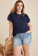 Plus Size Woven Flutter Sleeve Tee, BLUE JASMINE, small
