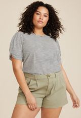 Plus Size Striped Twist Puff Sleeve Tee, SOFT WHITE COMBO, small