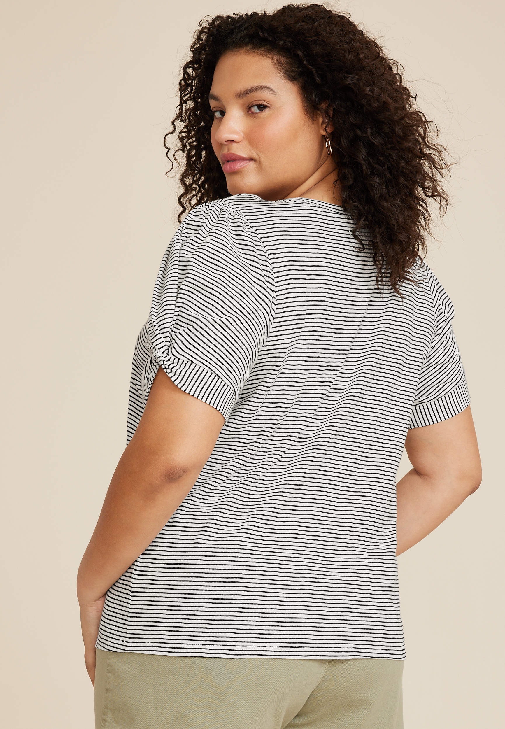 Plus Size Striped Twist Puff Sleeve Tee, SOFT WHITE COMBO, large