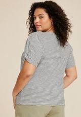 Plus Size Striped Twist Puff Sleeve Tee, SOFT WHITE COMBO, small