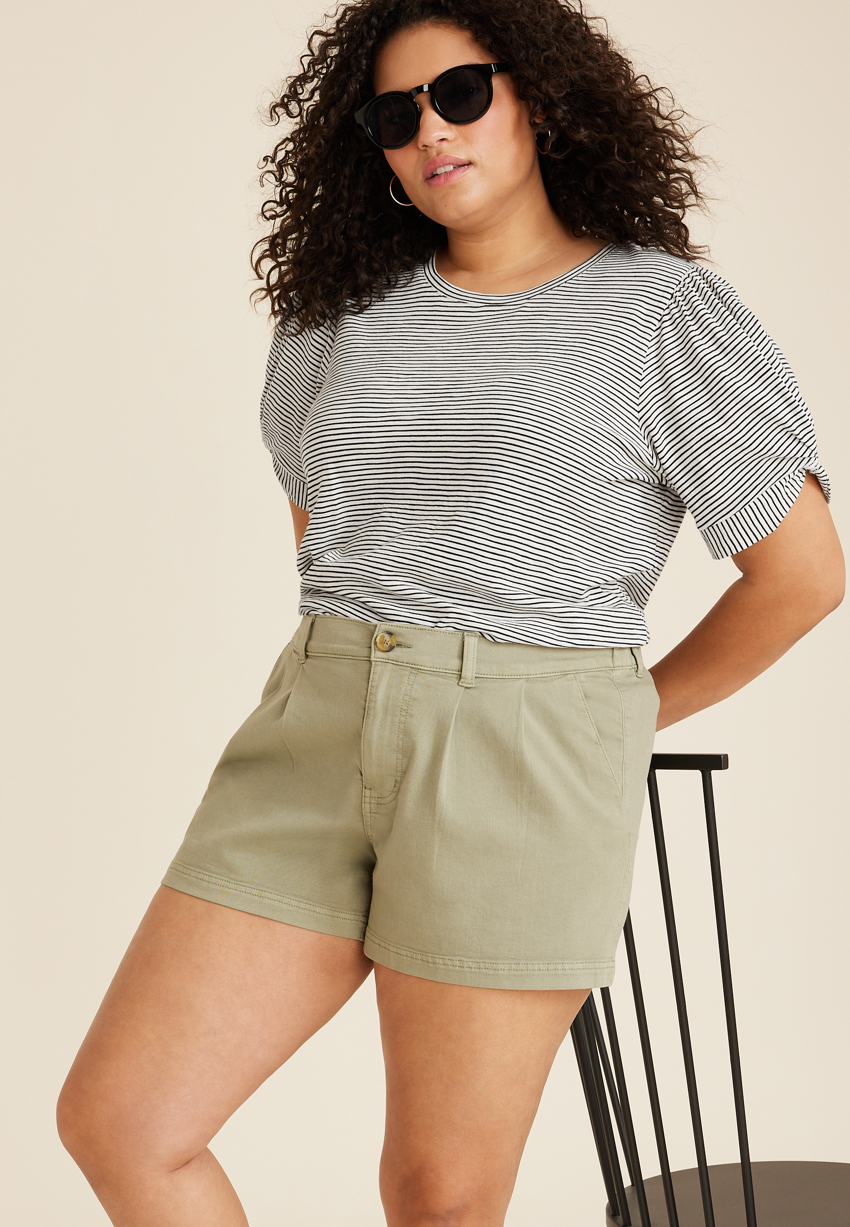 Plus Size Striped Twist Puff Sleeve Tee, SOFT WHITE COMBO, large