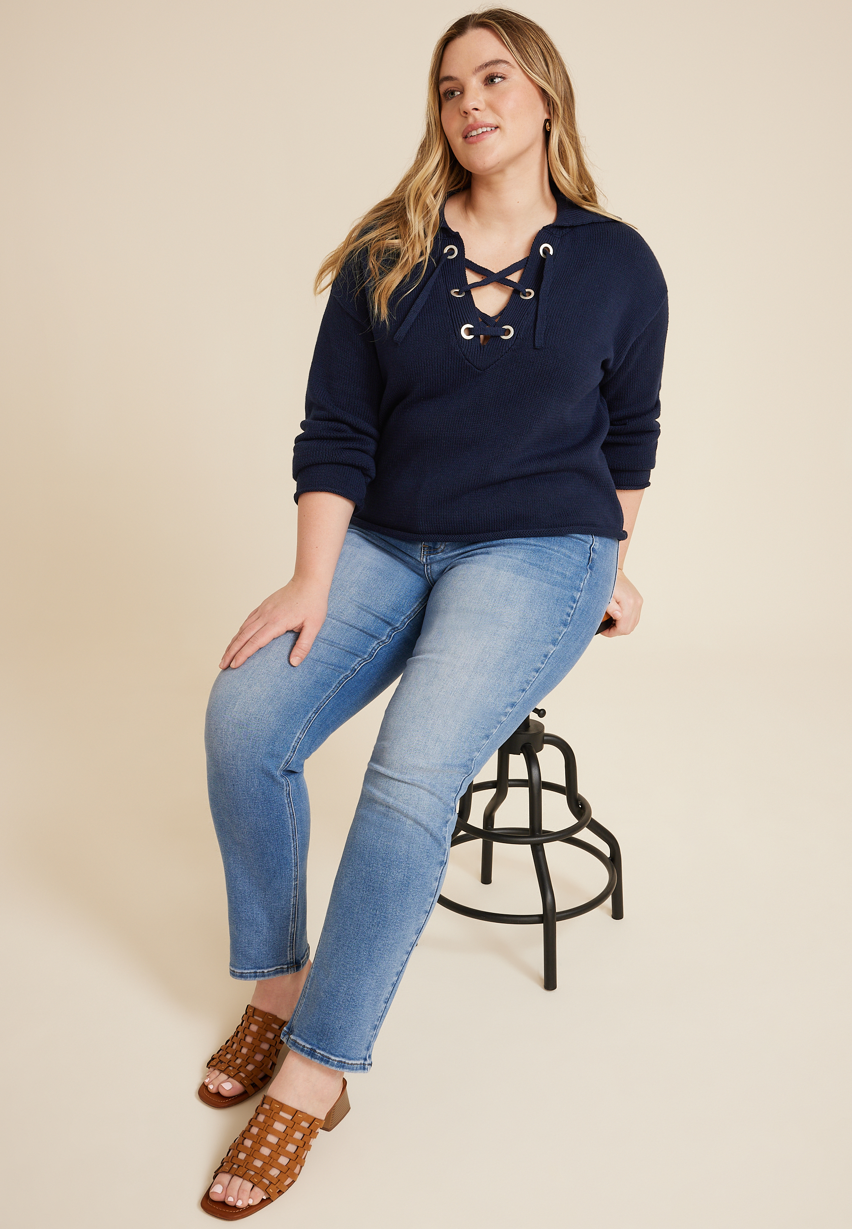 Plus Lace Up Collared Sweater