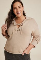 Plus Size Lace Up Collared Sweater, C3968, small