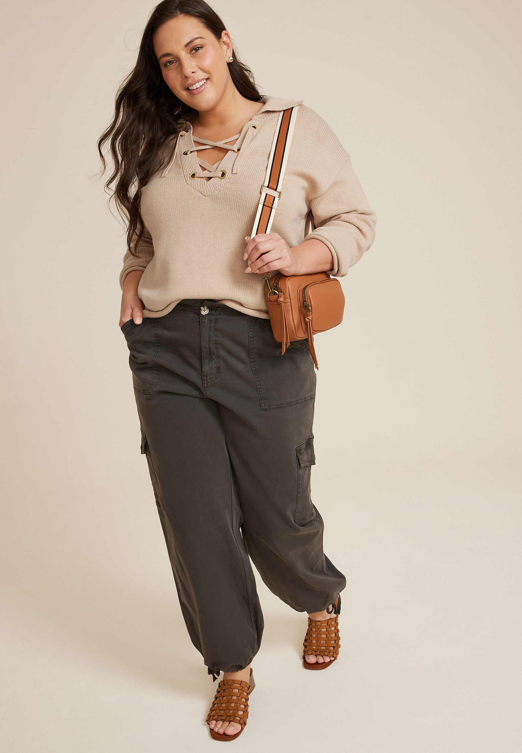 Plus Size Lace Up Collared Sweater, C3968, large