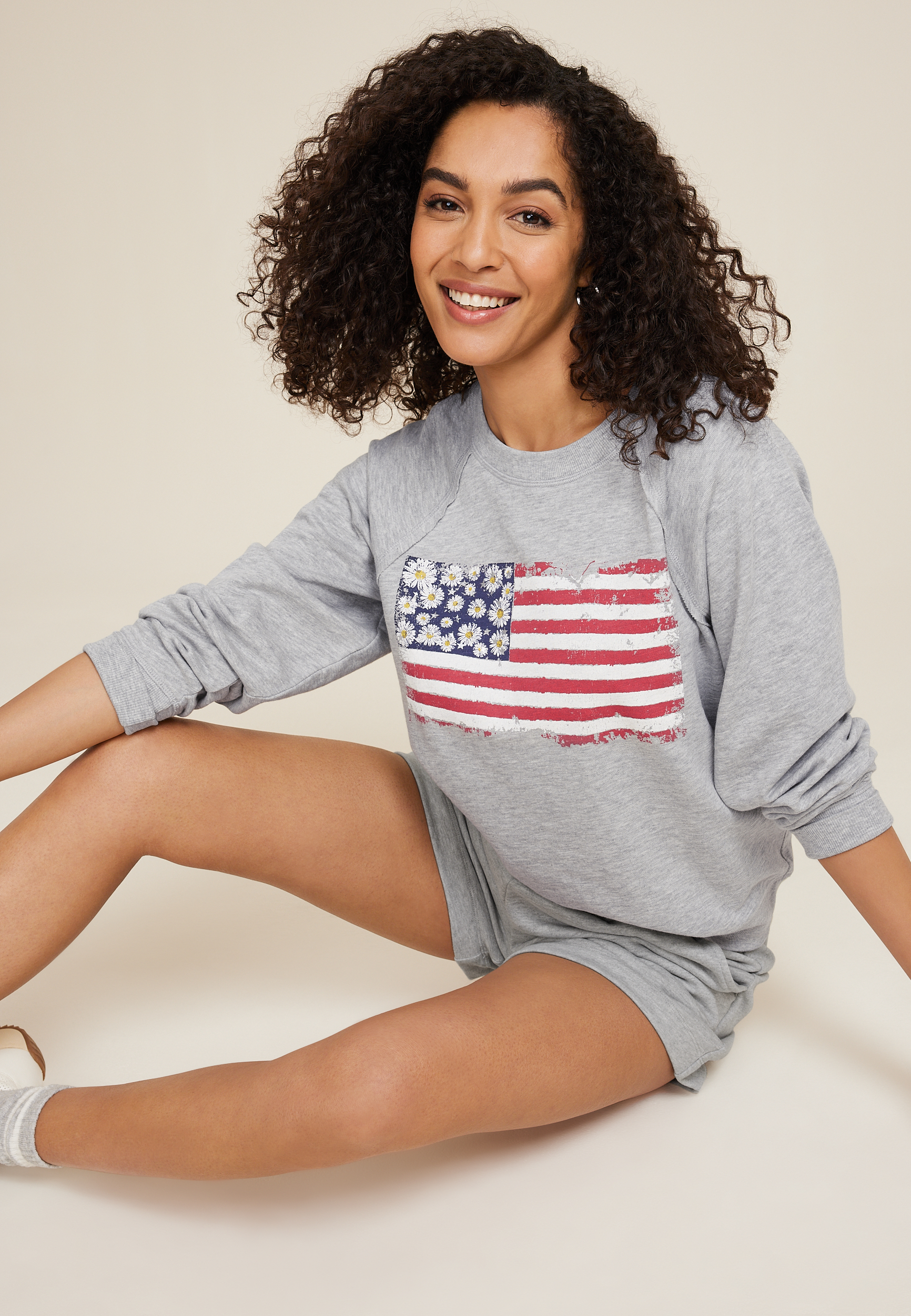 Floral American Flag Relaxed Fit Sweatshirt, C3348, large