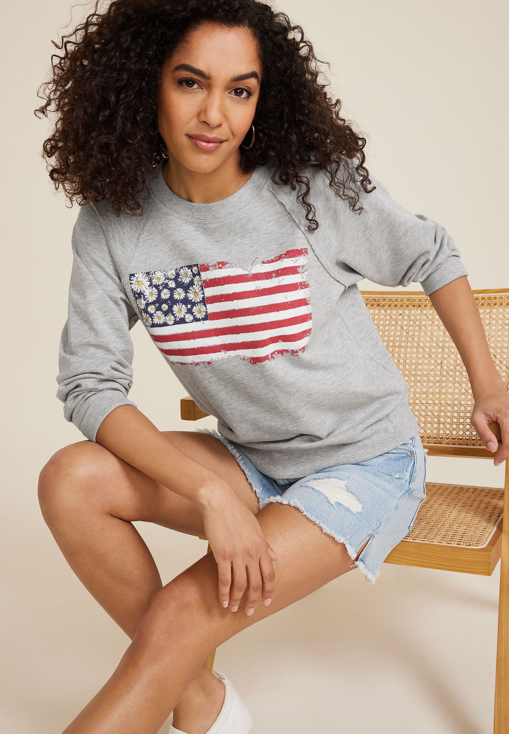 Floral American Flag Relaxed Fit Sweatshirt, C3348, large