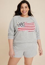 Plus Size Floral American Flag Relaxed Fit Sweatshirt, LIGHT HEATHER GRAY, small