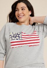 Plus Size Floral American Flag Relaxed Fit Sweatshirt, LIGHT HEATHER GRAY, small