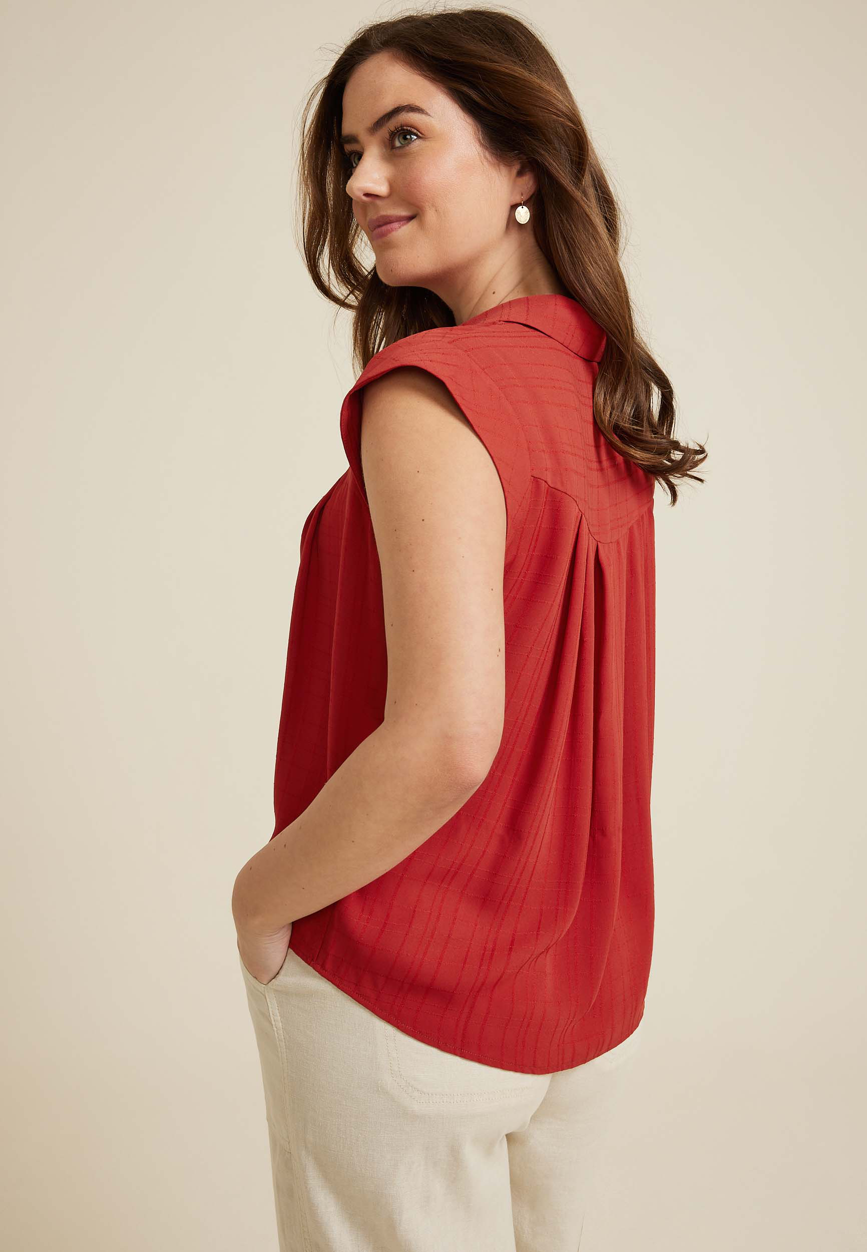 Short Sleeve Button Down Blouse, GARNET ROSE, large
