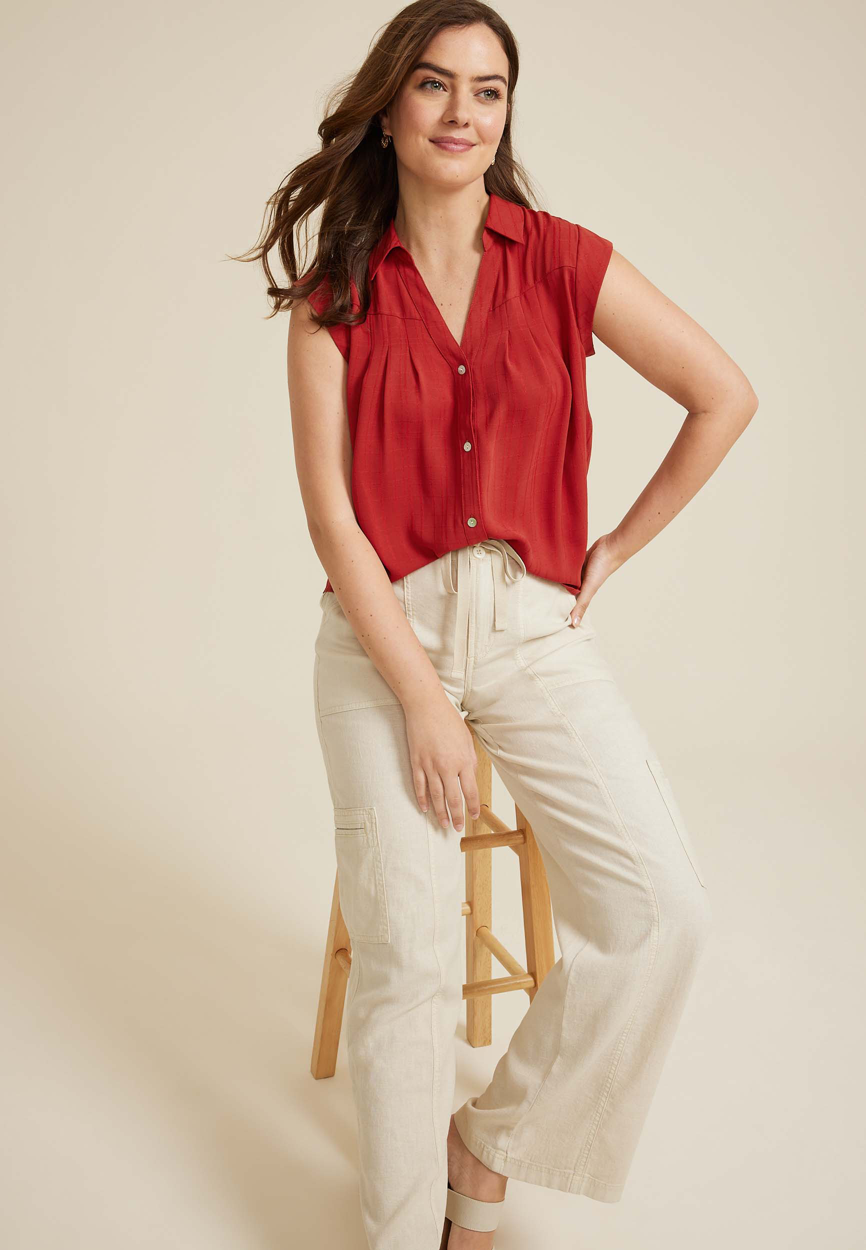 Short Sleeve Button Down Blouse, GARNET ROSE, large