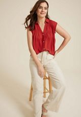 Short Sleeve Button Down Blouse, GARNET ROSE, small