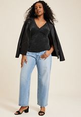 Plus Size Shimmer Twist Front Blouse, BLACK COMBO, small