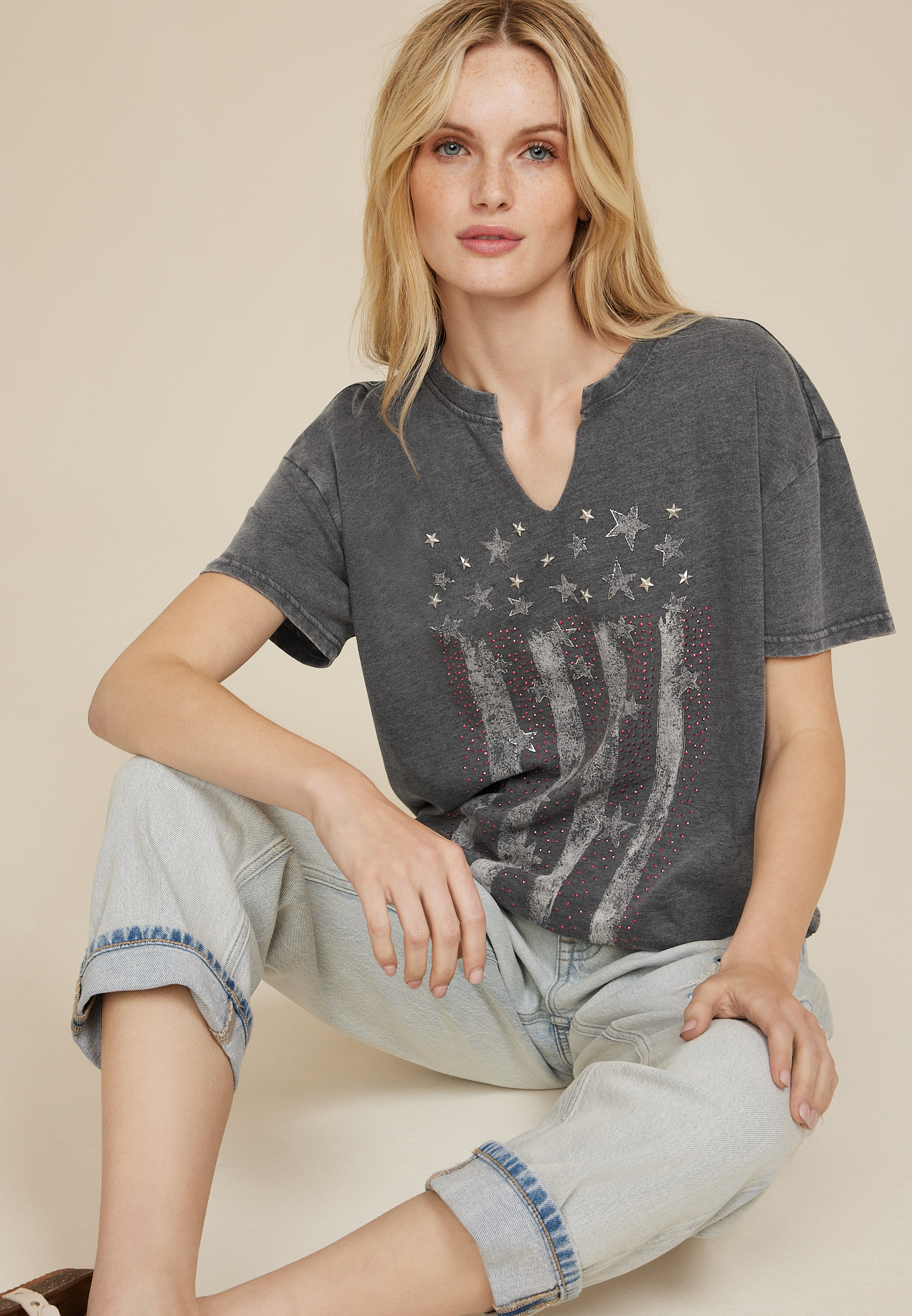 Americana Rhinestone Oversized Fit Graphic Tee, C829, large