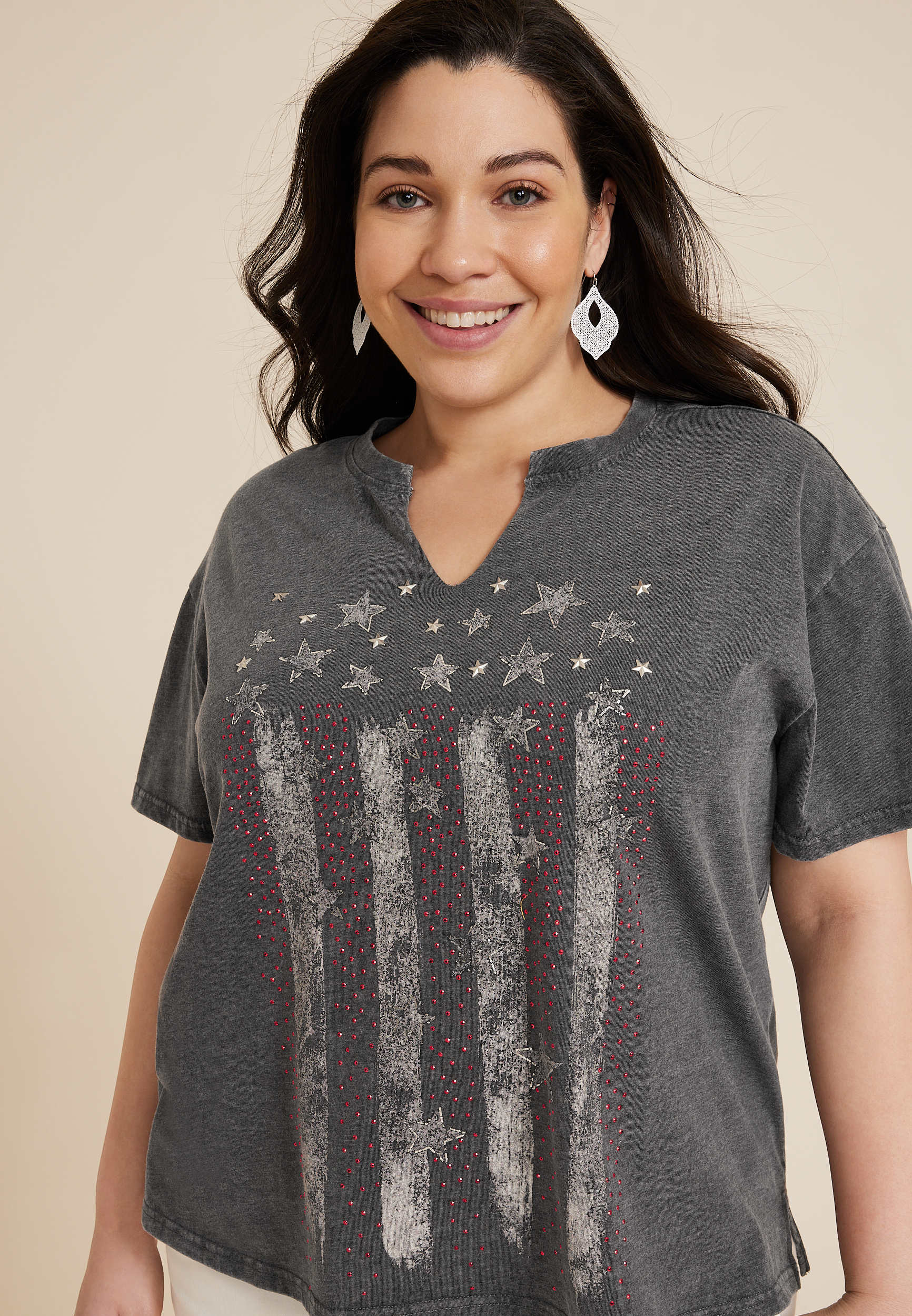 Plus Size Americana Rhinestone Oversized Graphic Tee, C829, large