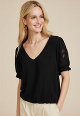 Embroidered Puff Sleeve Blouse, BLACK, small