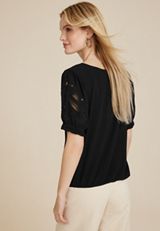 Embroidered Puff Sleeve Blouse, BLACK, small