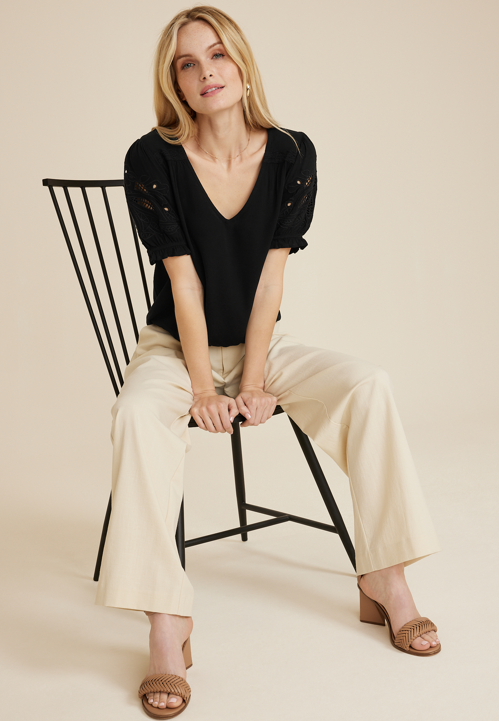 Embroidered Puff Sleeve Blouse, BLACK, large