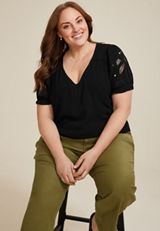 Plus Size Embroidered Puff Sleeve Blouse, BLACK, small