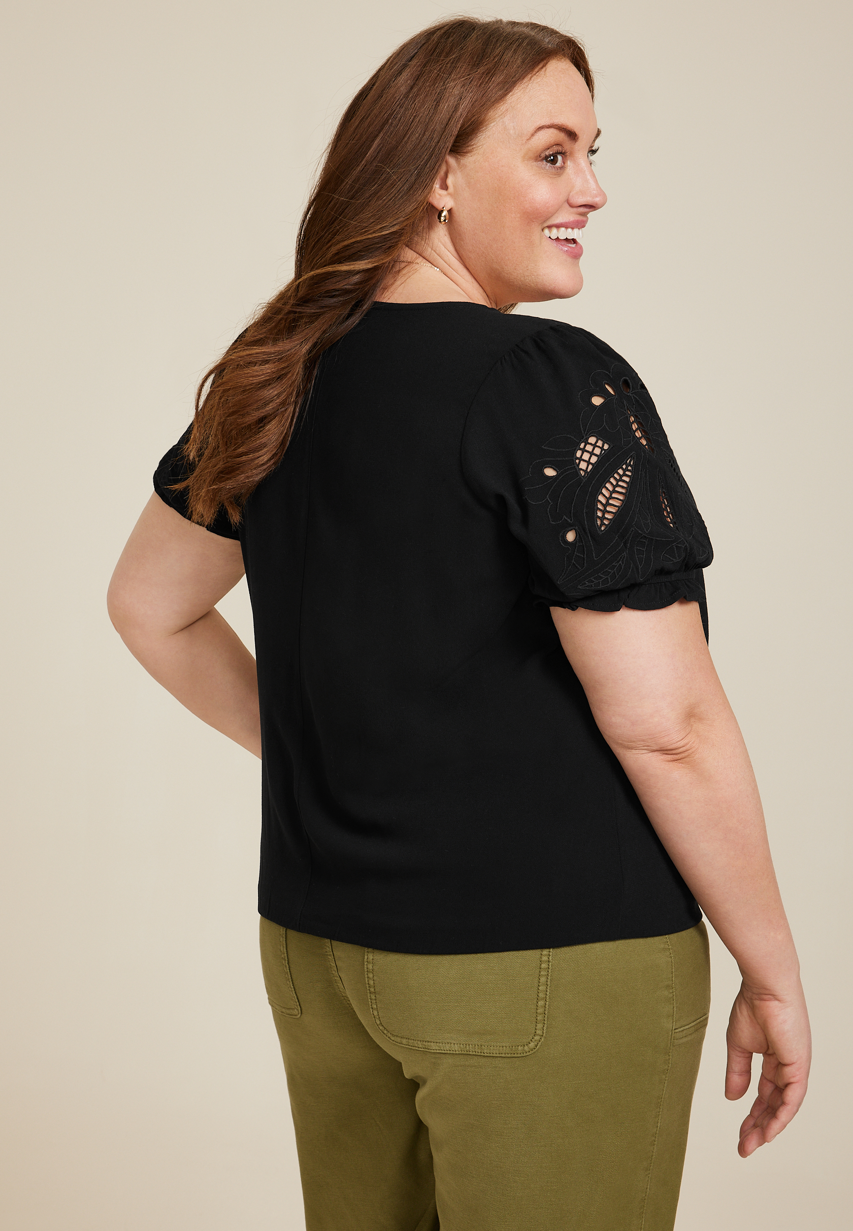 Plus Size Embroidered Puff Sleeve Blouse, BLACK, large