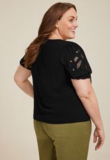 Plus Size Embroidered Puff Sleeve Blouse, BLACK, small