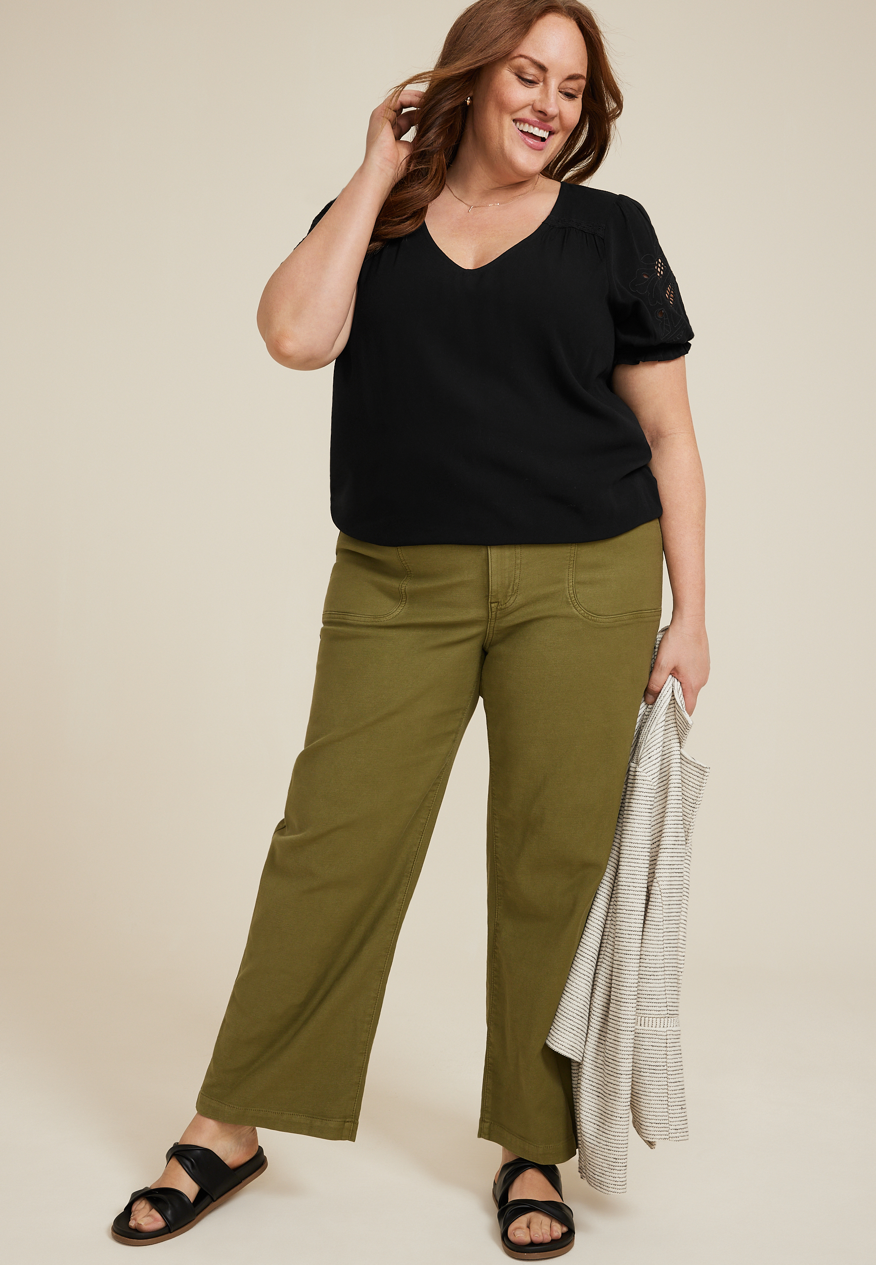 Plus Size Embroidered Puff Sleeve Blouse, BLACK, large