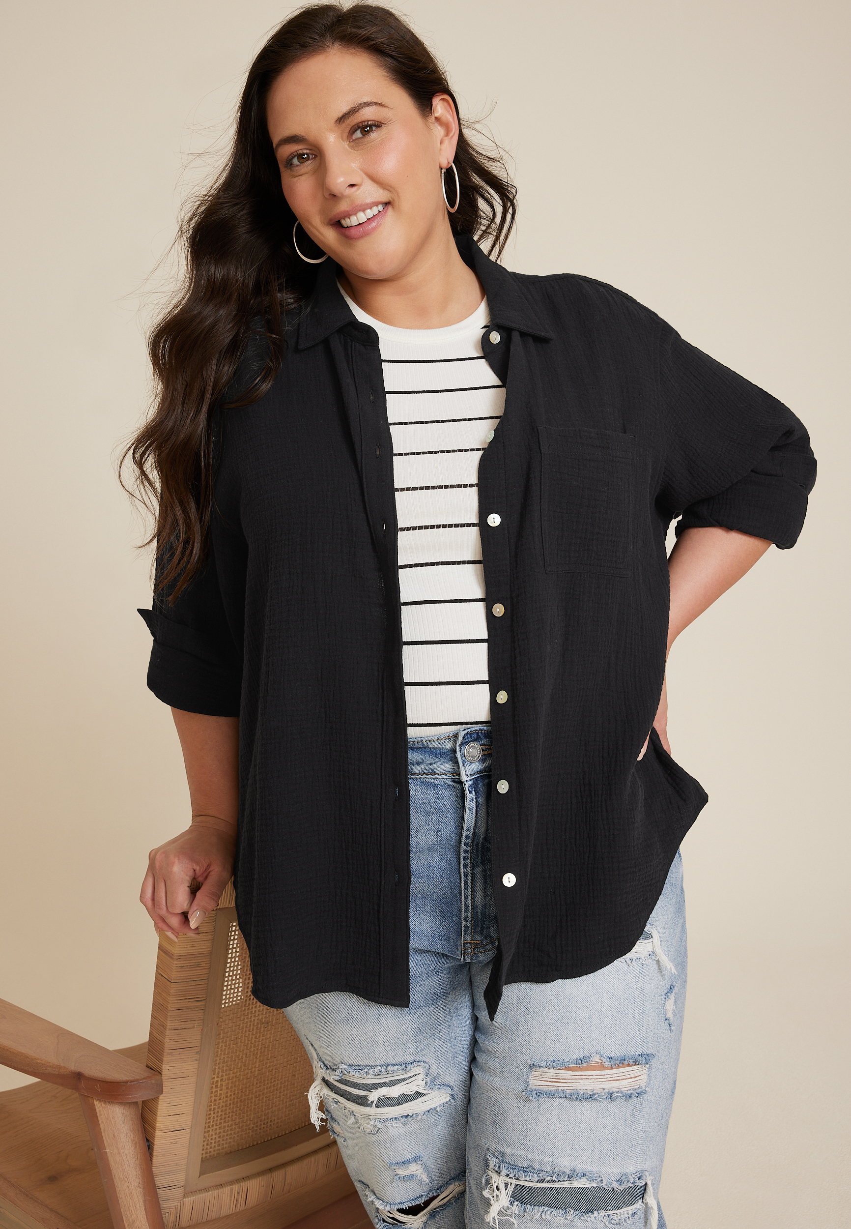 Plus Size 90s Prep Striped Relaxed Button Up Shirt