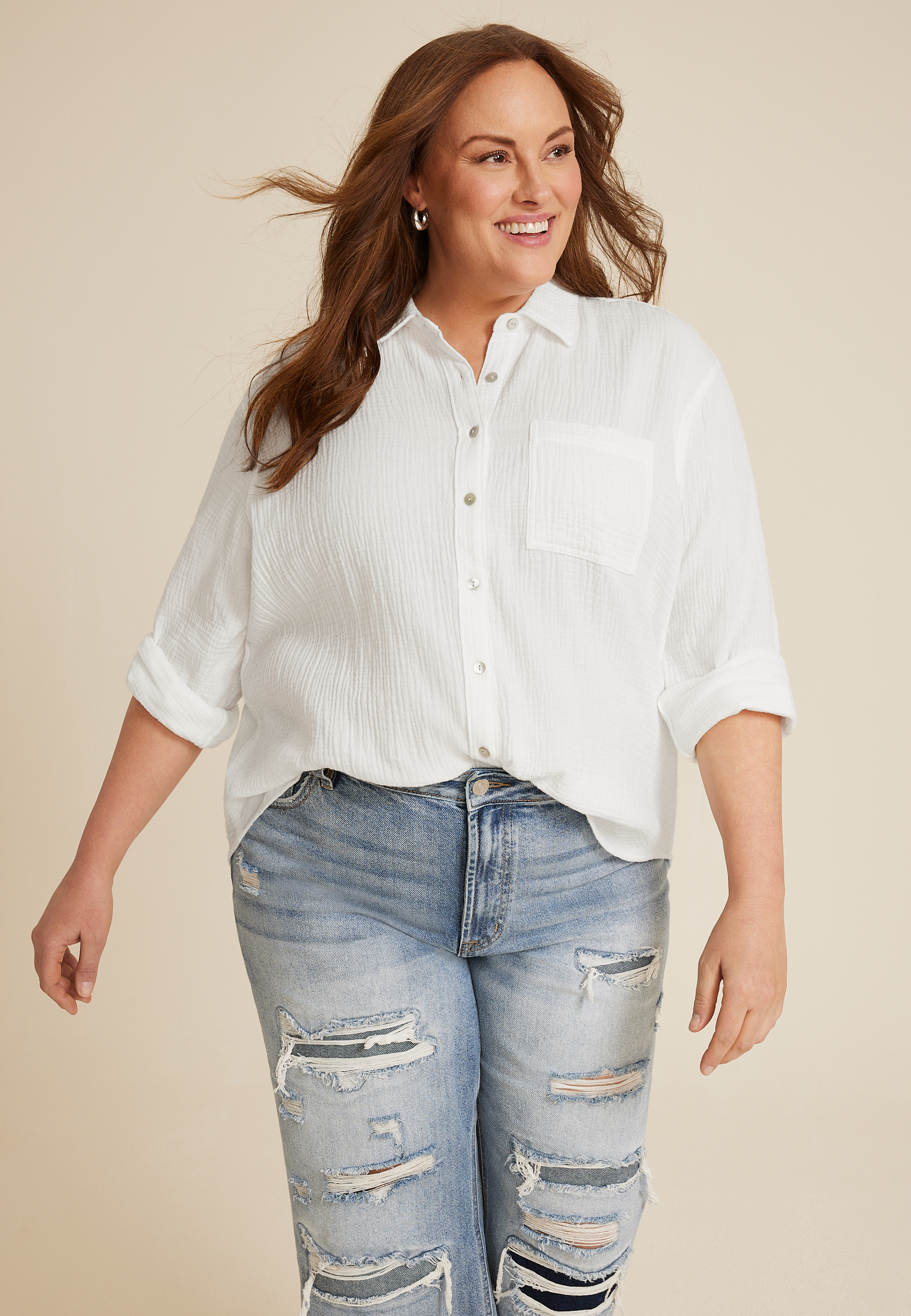 White Plus Size Plaid & Button Down Shirts