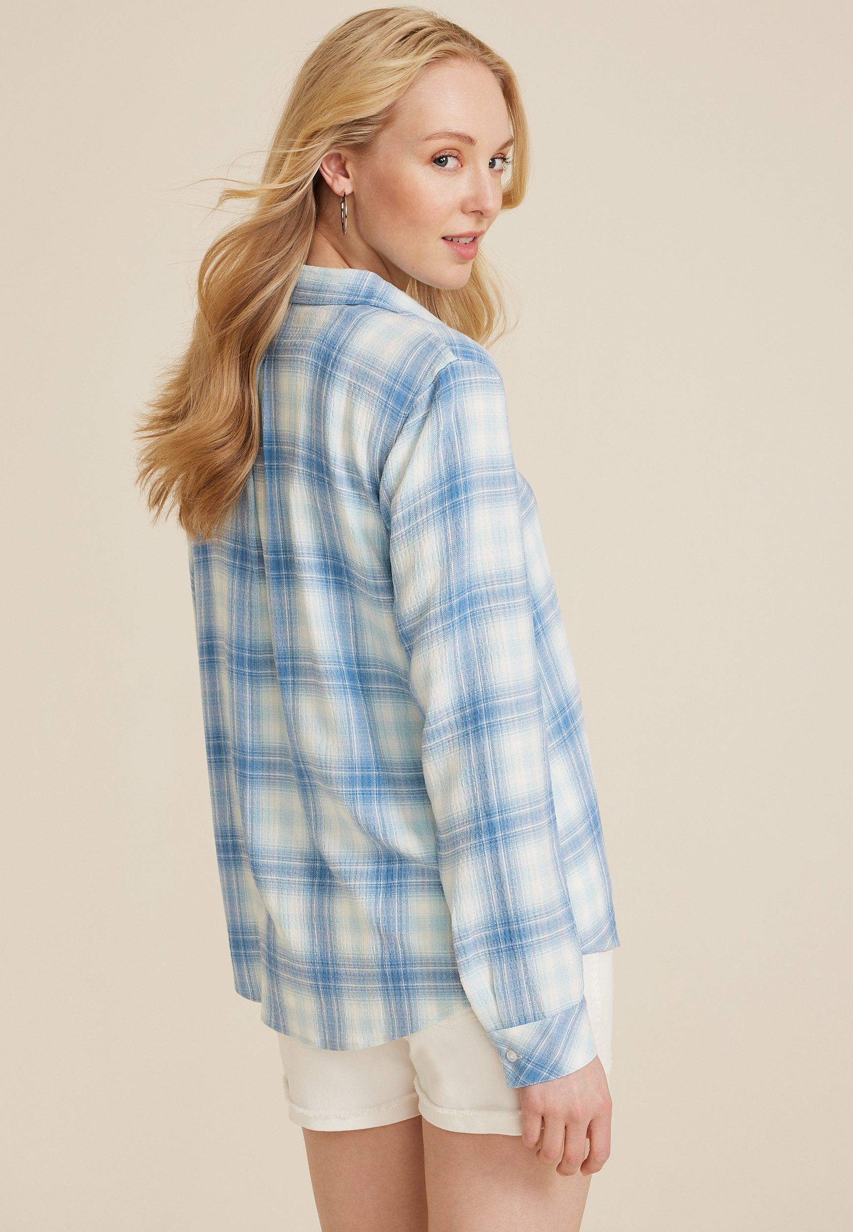 Pucker Plaid Button Up Shirt, BLUE COMBO, large