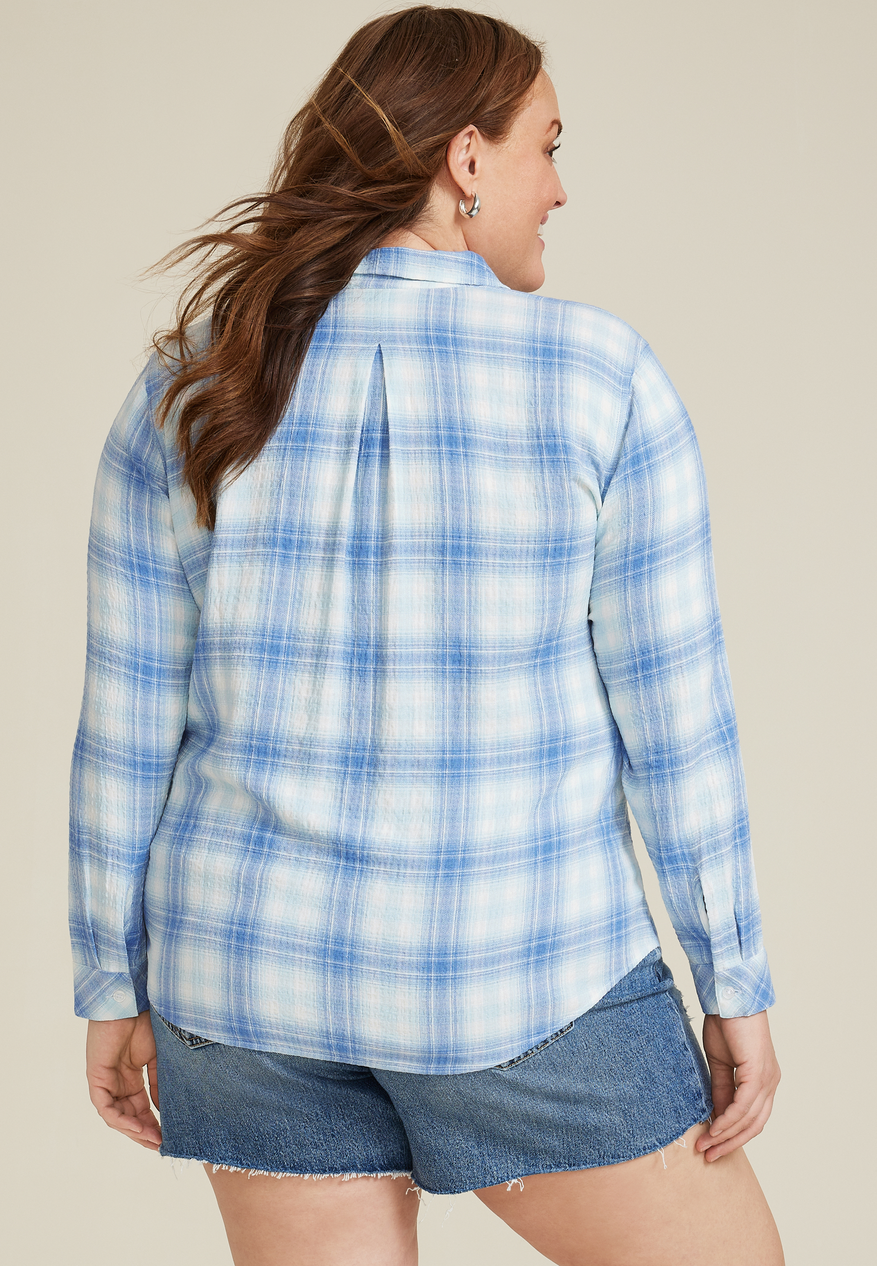 Plus Size Pucker Plaid Button Up Shirt, C1772, large
