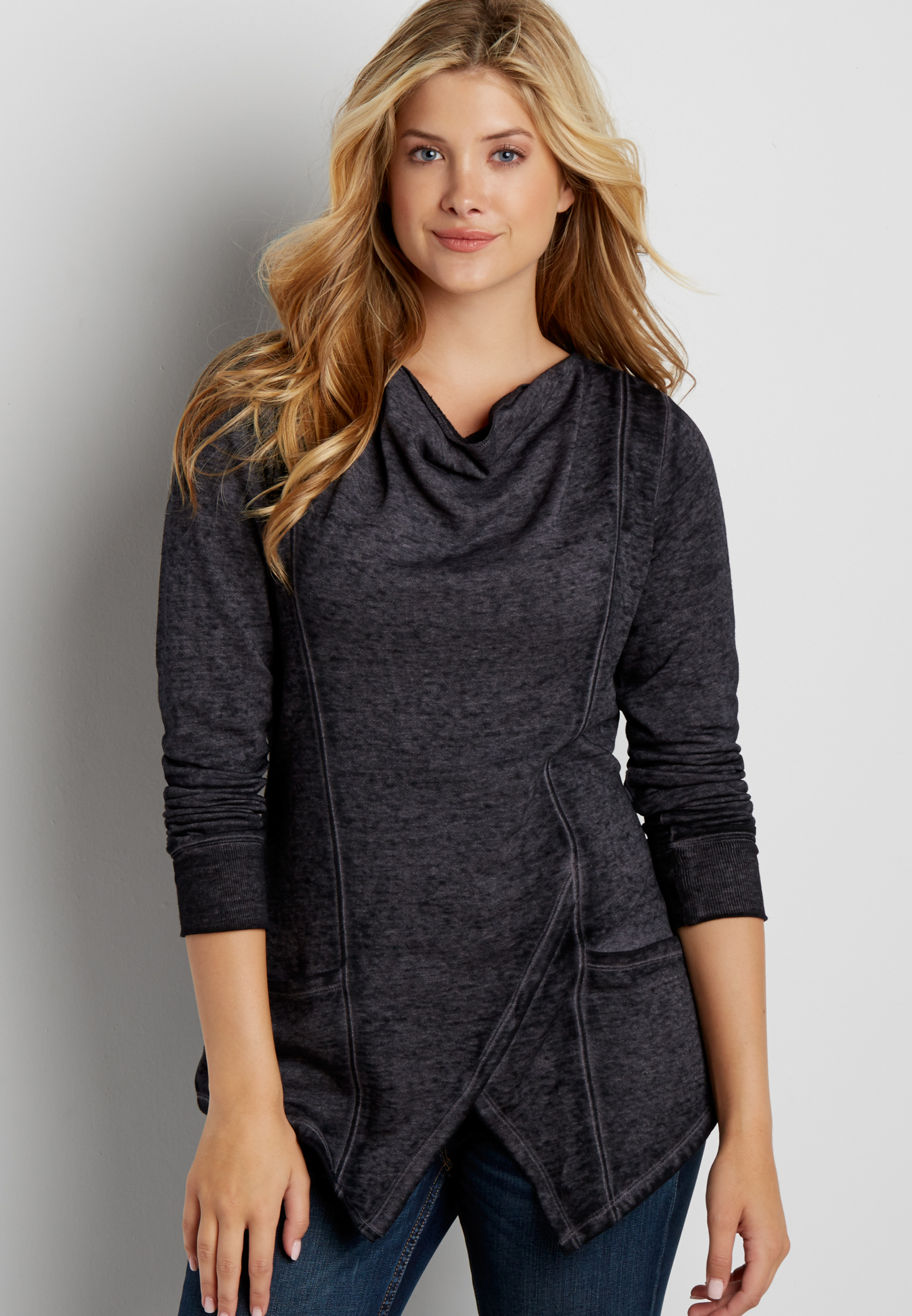 burnwash pullover with drape neck and pockets | maurices