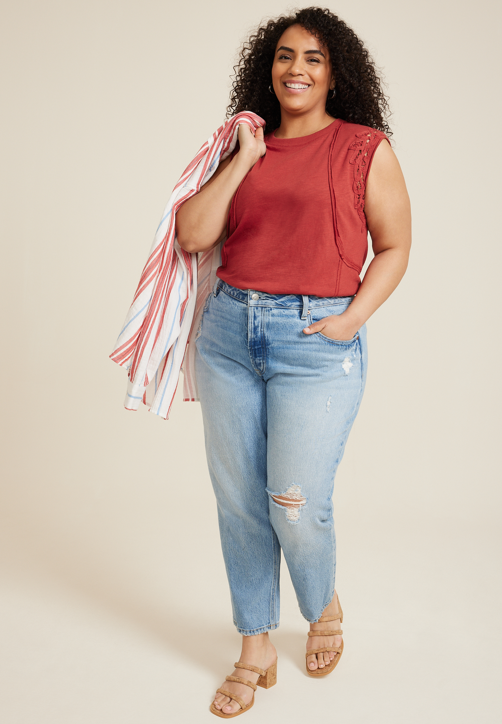 Plus Size Crochet Trim Tank Top, GARNET ROSE, large