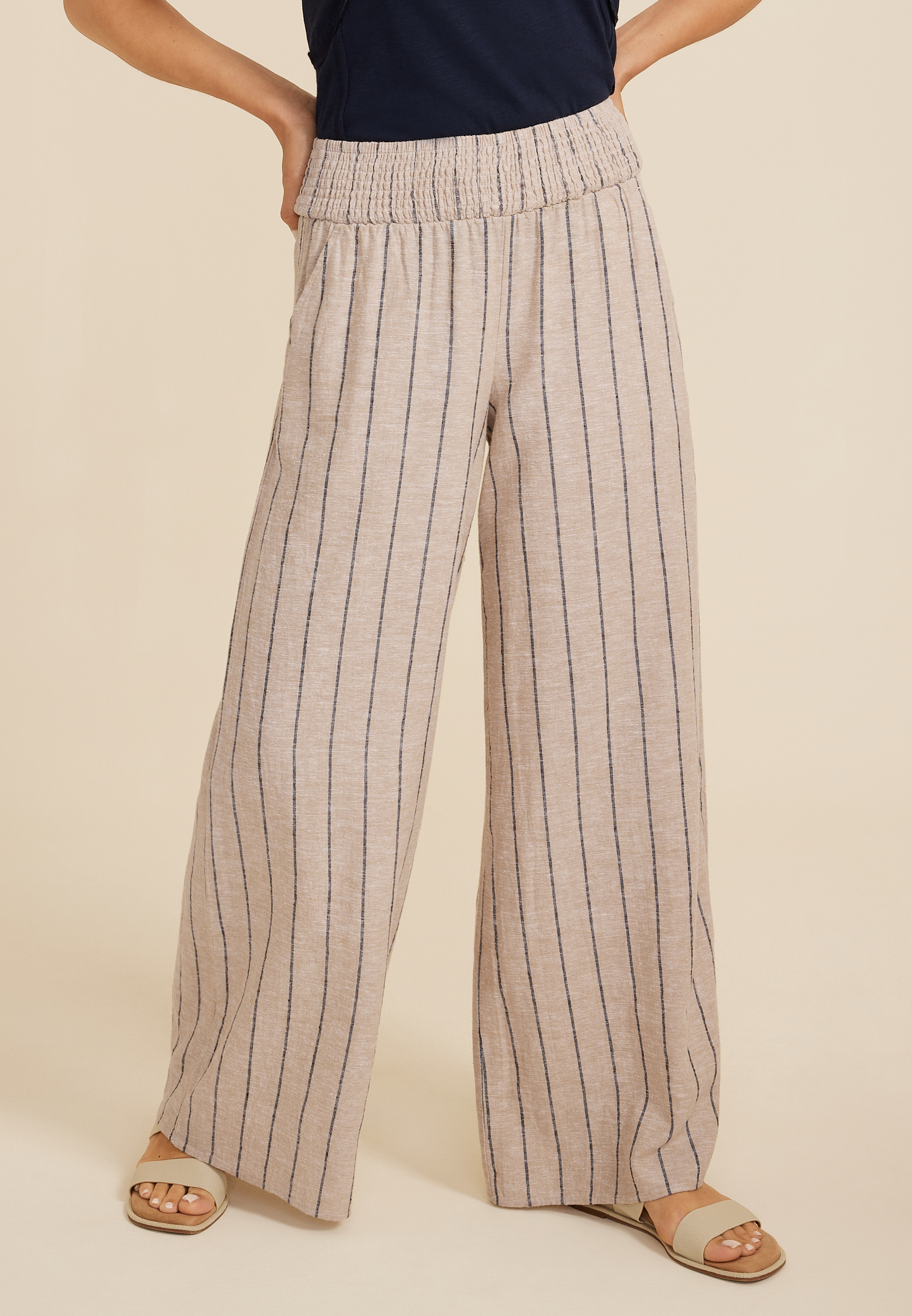 Striped High Rise Linen Palazzo Pant