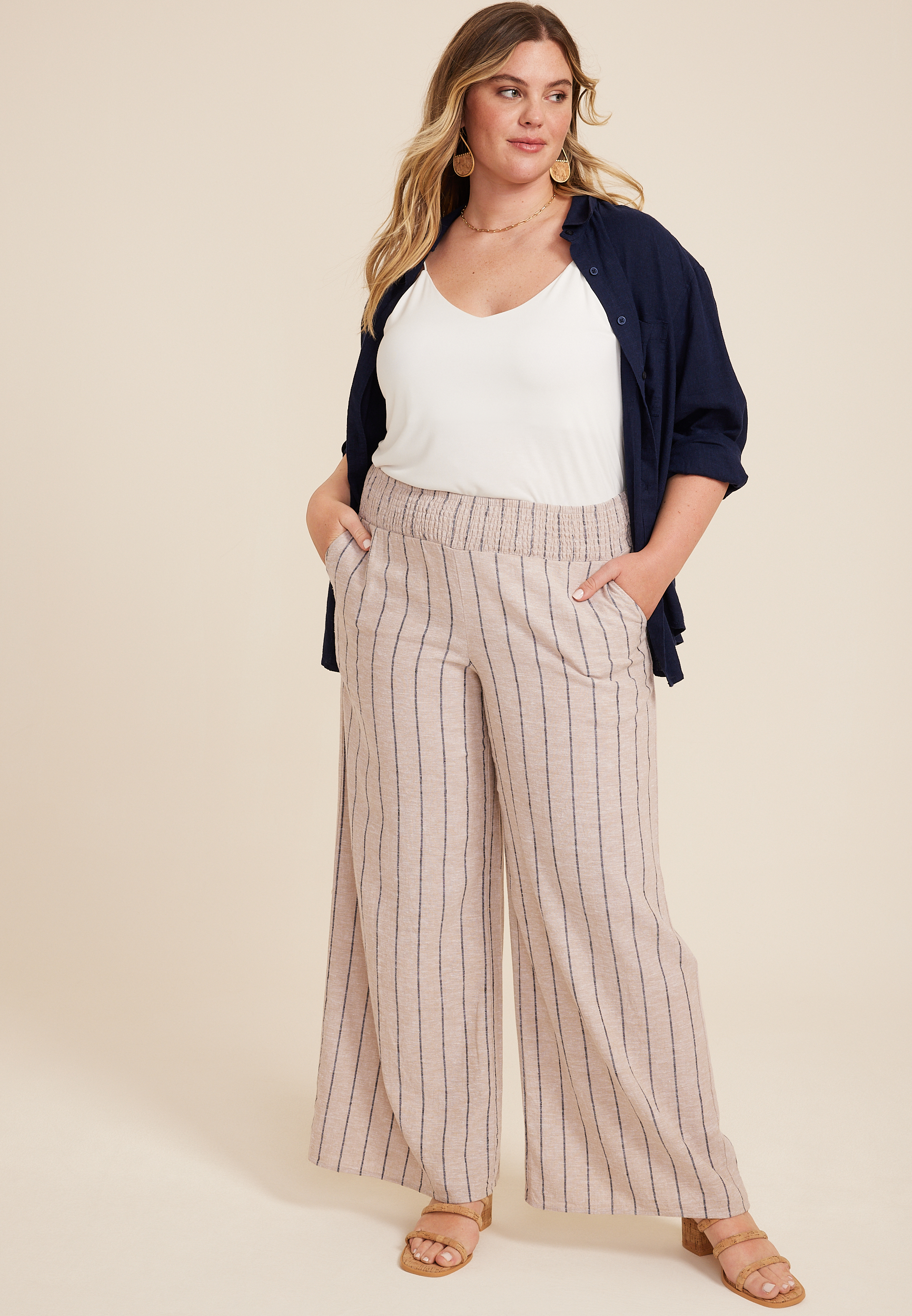 Plus Striped High Rise Linen Palazzo Pant