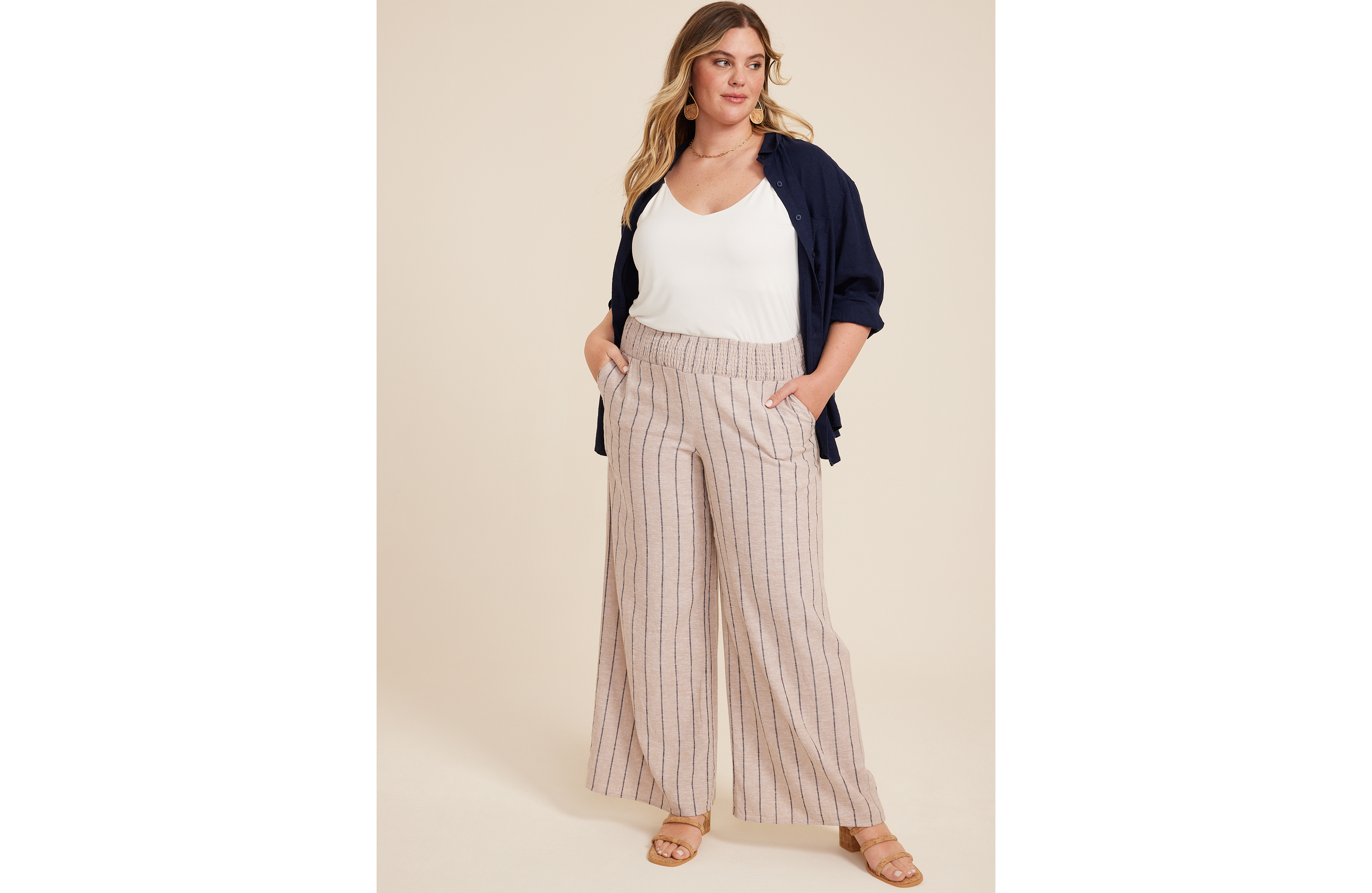 Plus Striped High Rise Linen Palazzo Pant